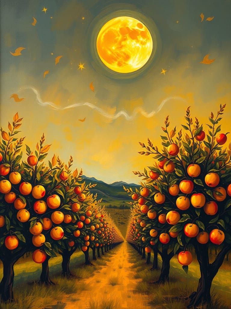 Harvest Moon Over Autumn Orchard Expressive Painting
