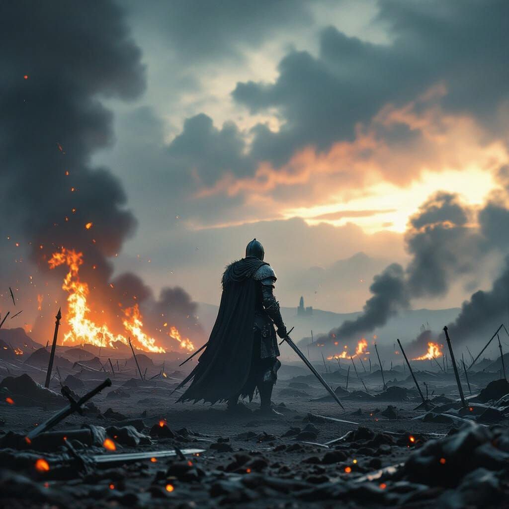 Epic Knight on Fiery Battlefield in Cinematic Style