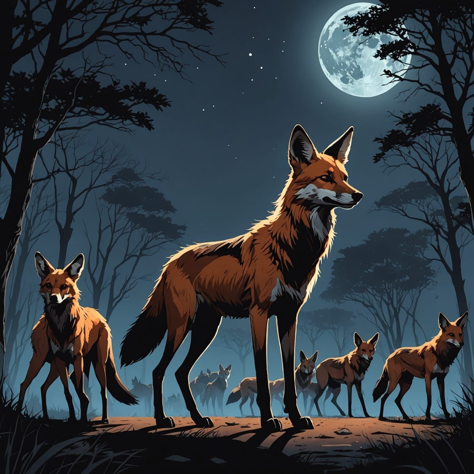 Maned Wolf Pack at Night, in Anime Style