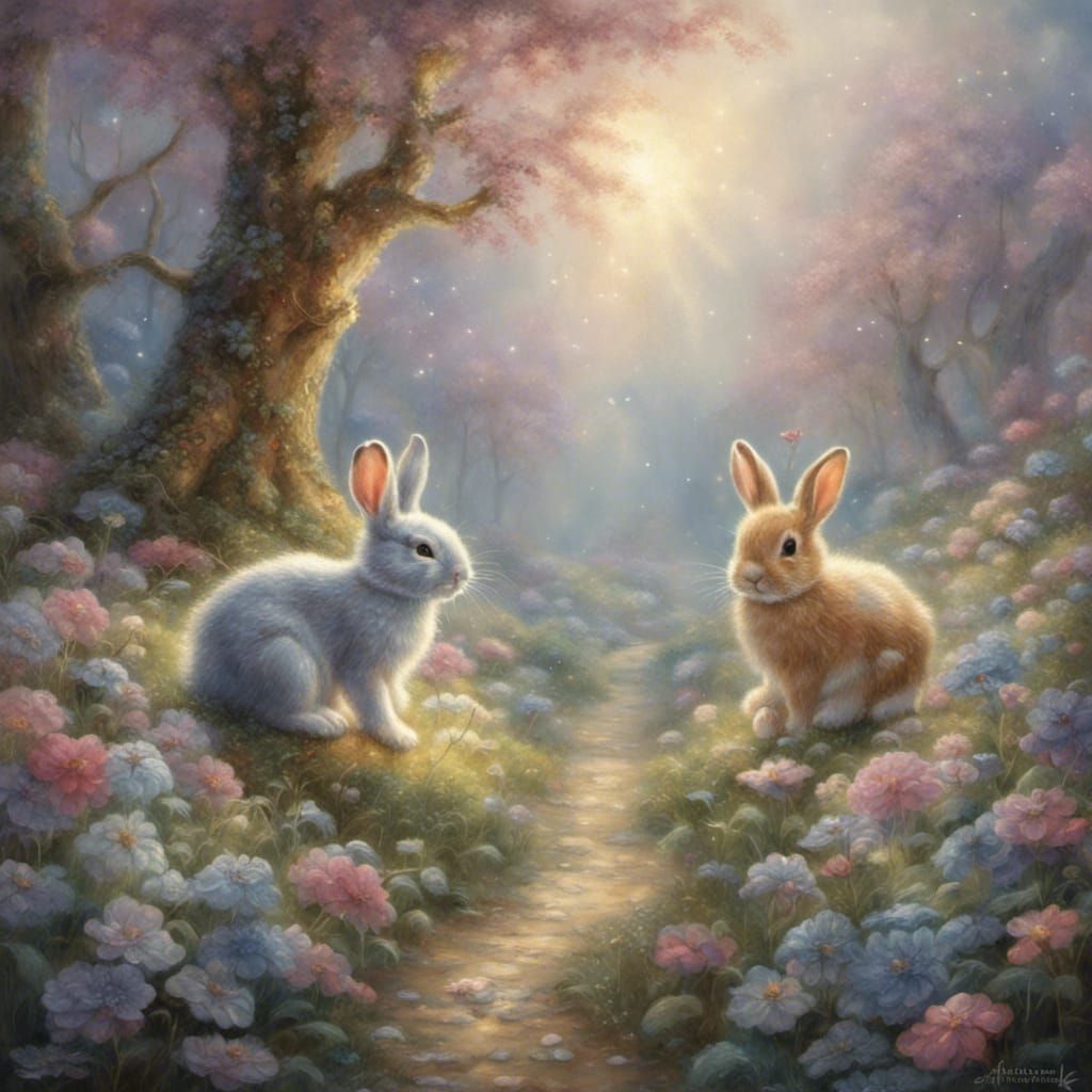 Baby Rabbits Playing with Glitter in Ethereal Style