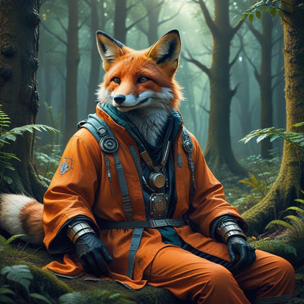 Fox in Human Clothes Relaxing in Forest: Digital Painting