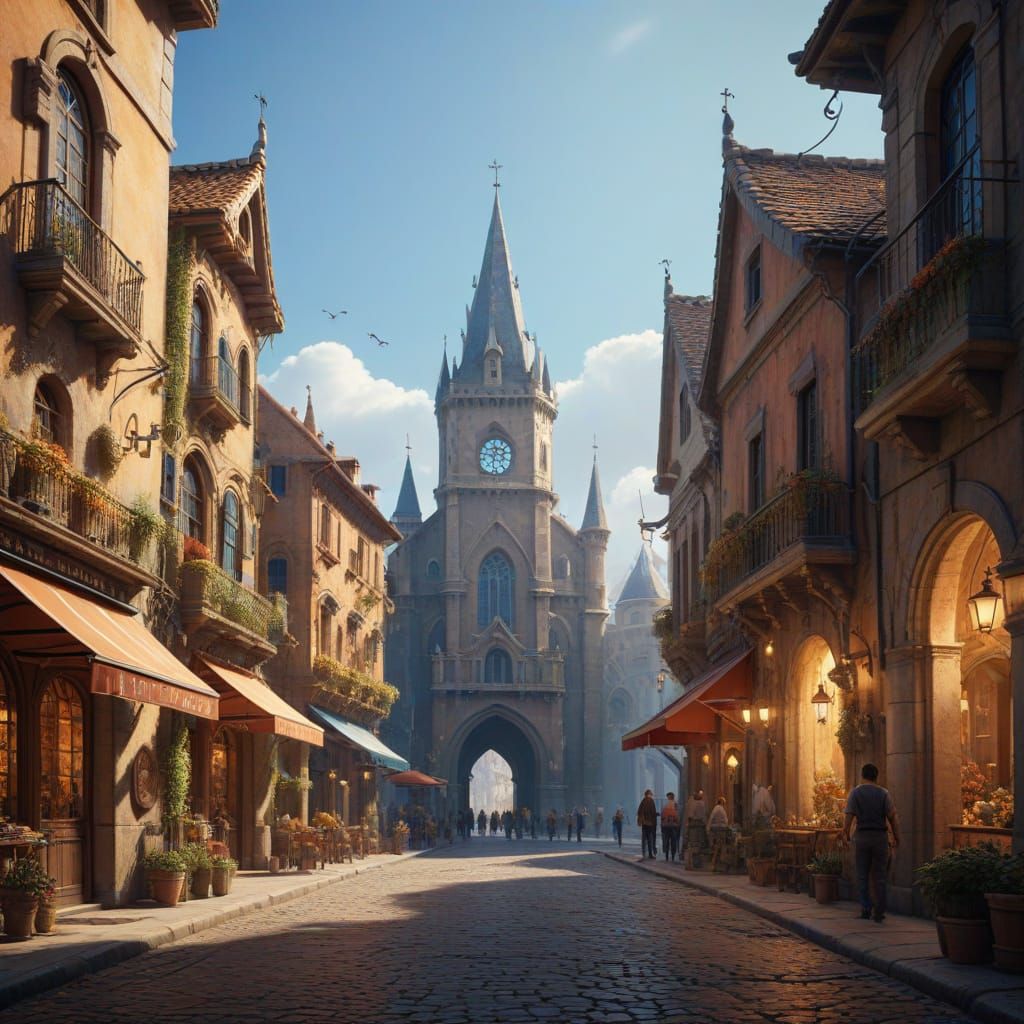 Vibrant Street Scene with Whimsical Characters and Fantasy A...