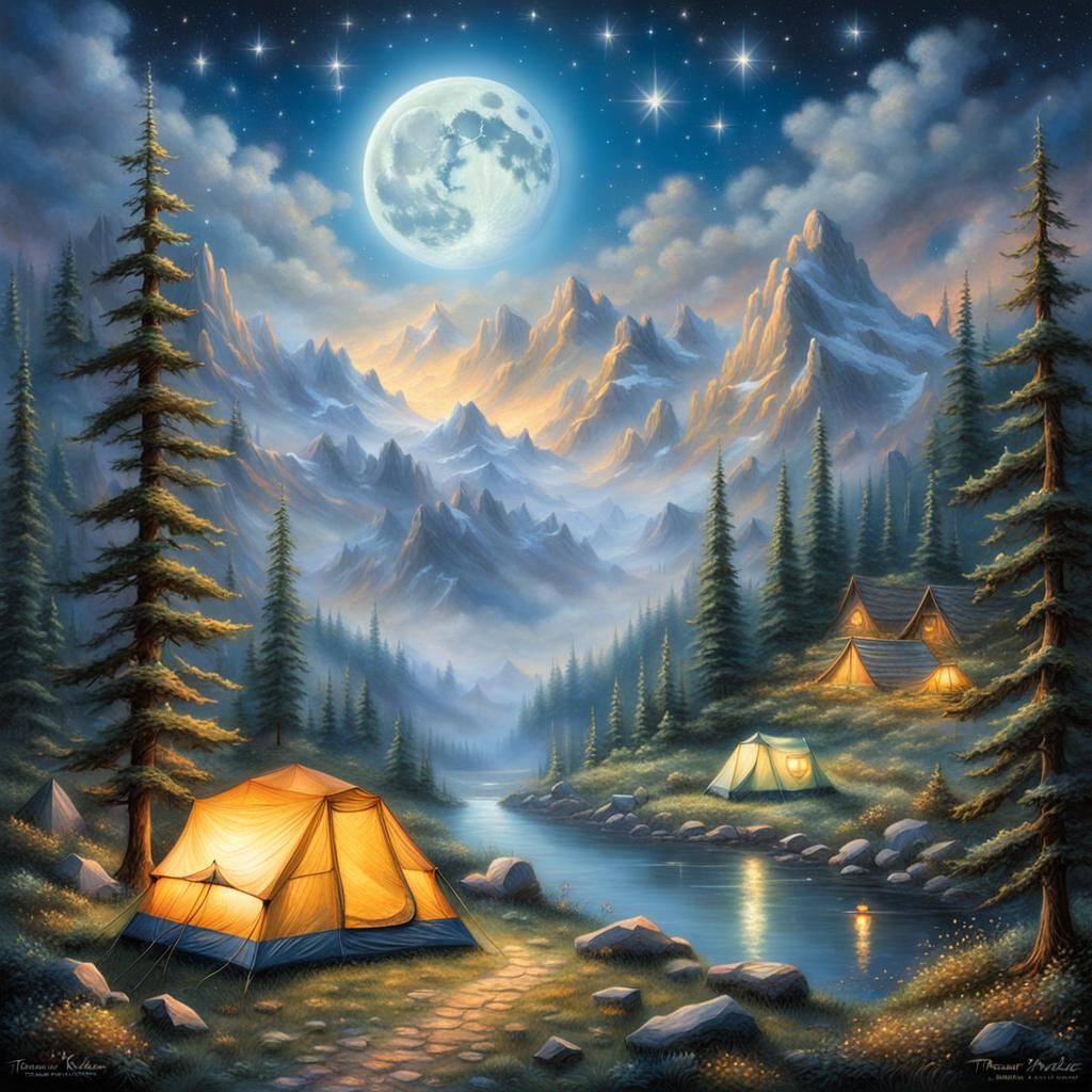 Ethereal Rocky Mountain Campsite Under Moonlight