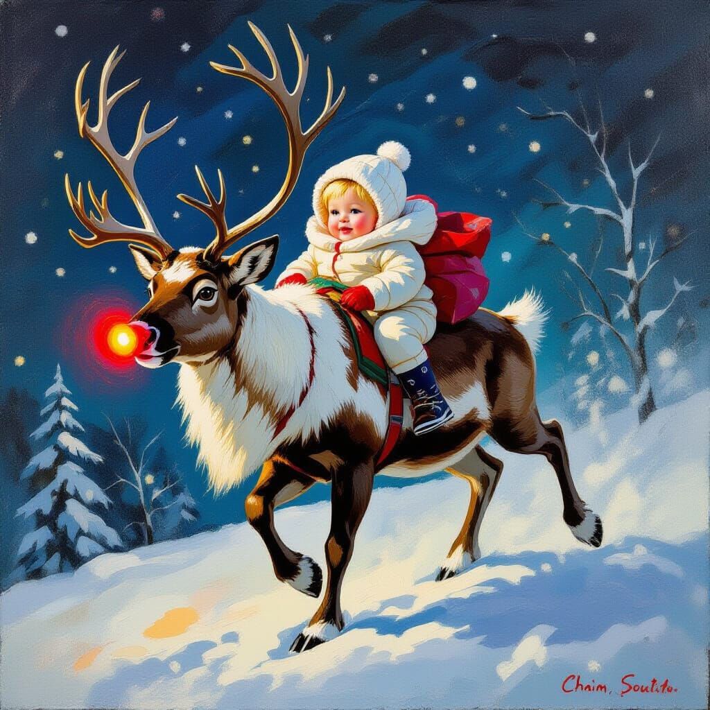 Reindeer with Glowing Nose Flies Through Snowy Night as Impa...