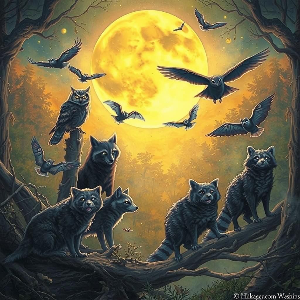 Nocturnal Animals Gather Under the Moon in Ethereal Mist