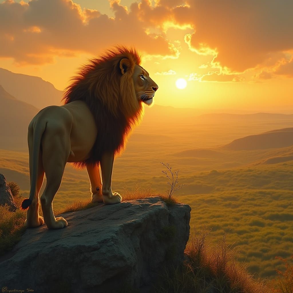 Regal Lion in Sunset Glory, with Majestic Mane of Golden Hue...