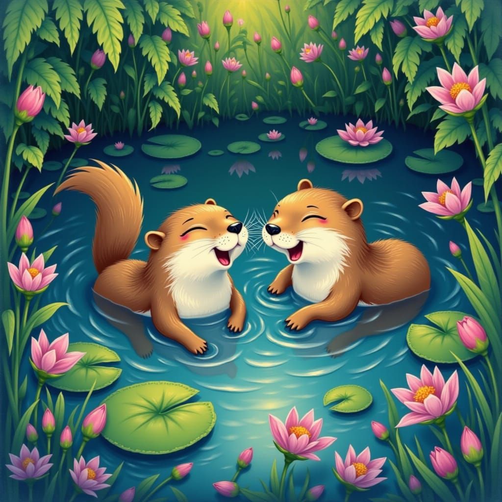 Whimsical Otter Couple in a Serene Lake Landscape