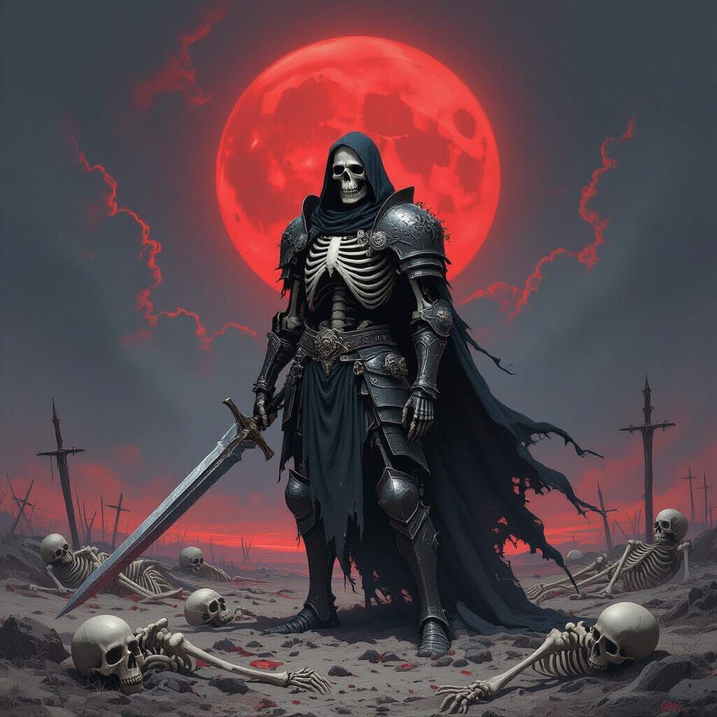 Skeleton Warrior Under Blood Moon in Gothic Armor