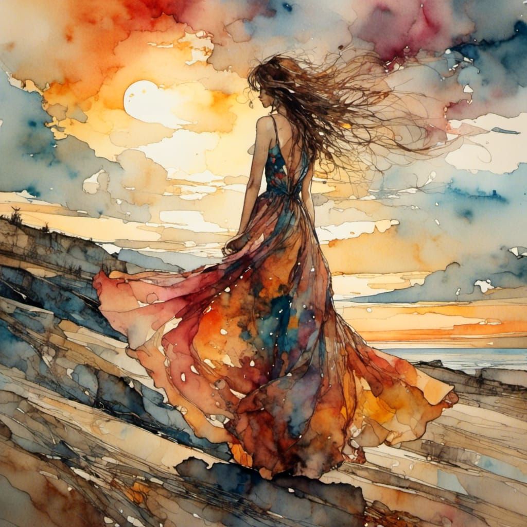 Watercolor Painting of Woman in Dress at Sunset