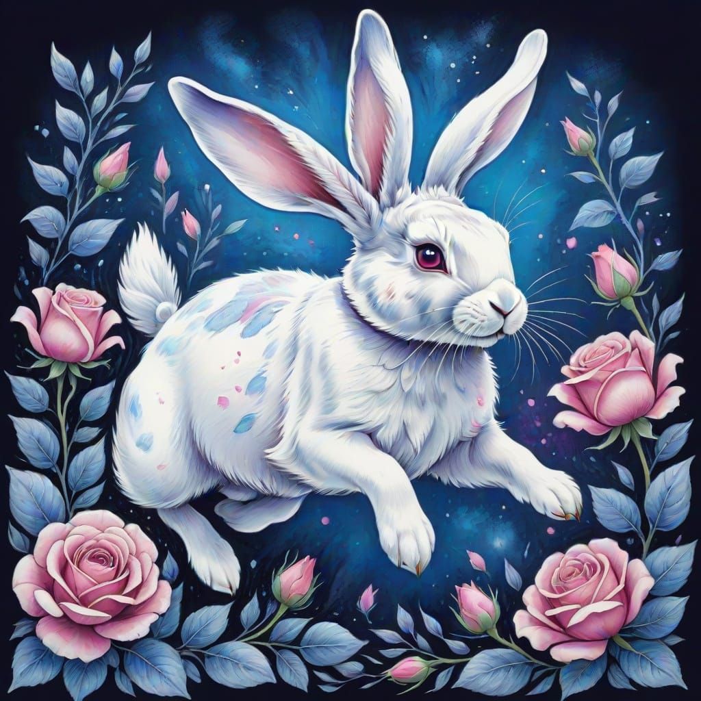 Pencil Sketch Rabbit Jumps on Magical Rosebush