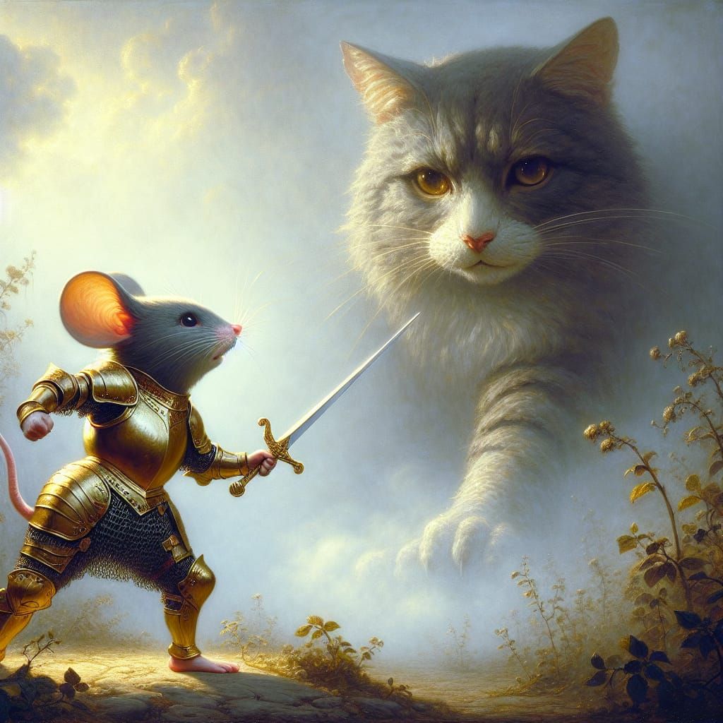 Brave Mouse Knight Confronts a Cat, Romantic Style