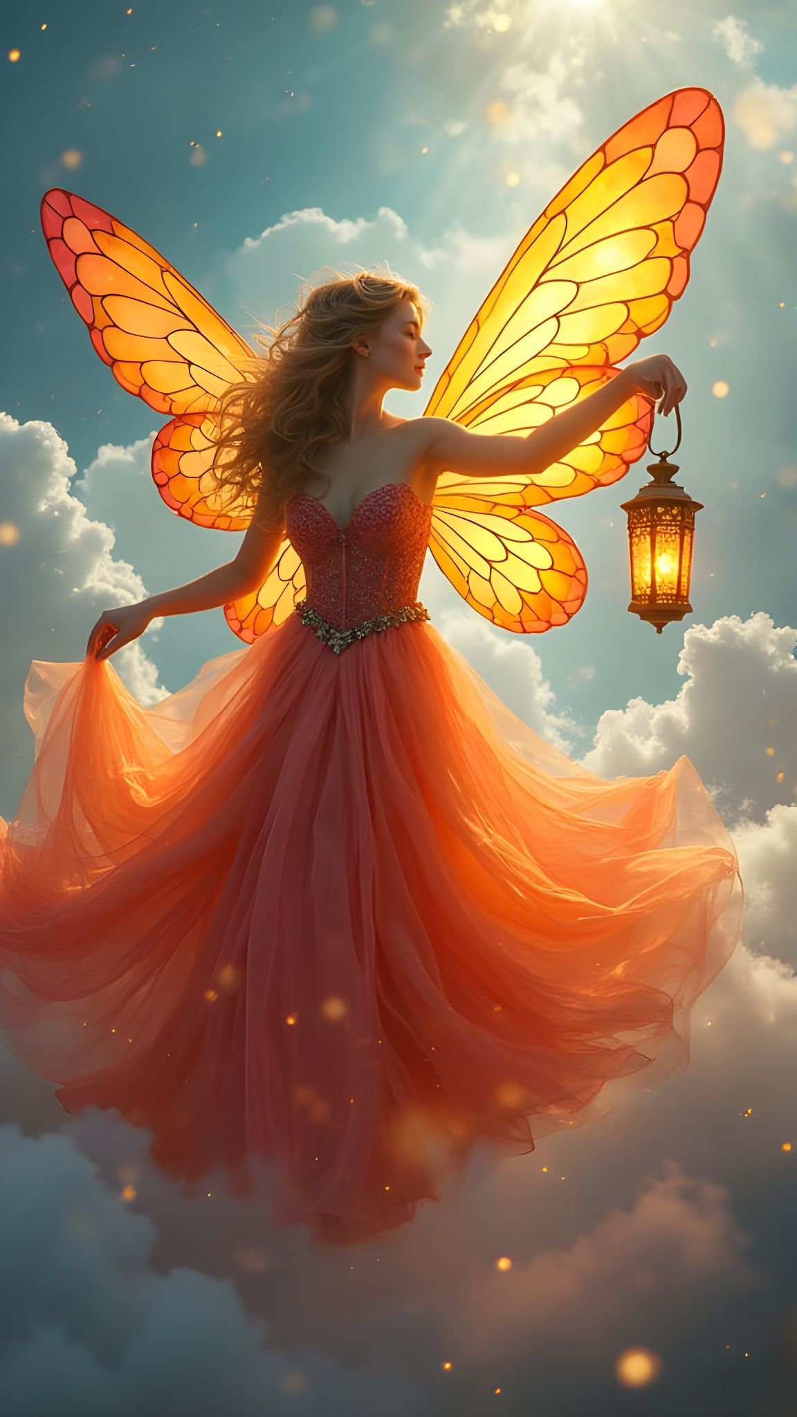 Stained Glass Fairy with Lantern in Divine Light