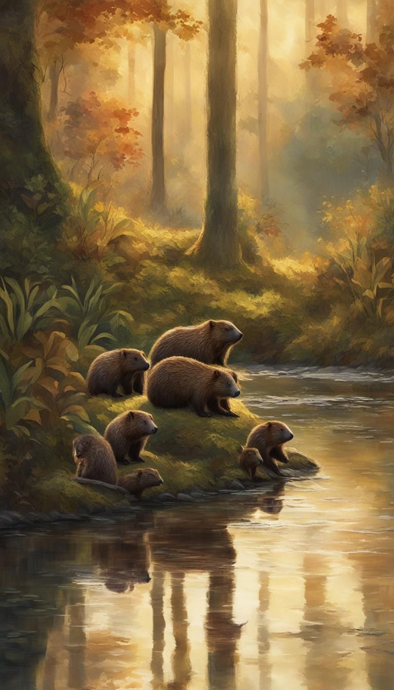 Beaver Family in Autumnal Amazon: Impressionist Landscape