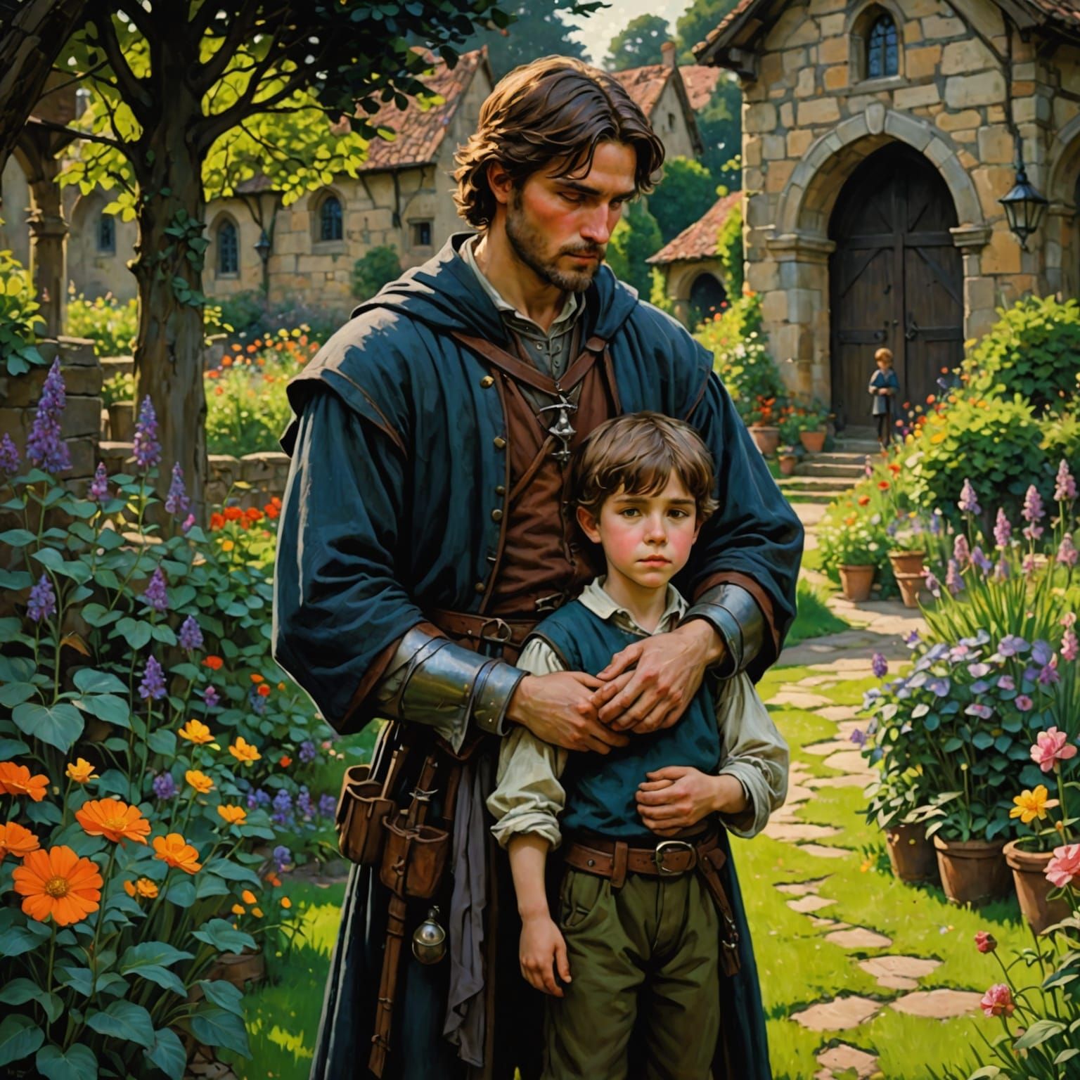 Father and Son in a Vibrant Medieval Garden