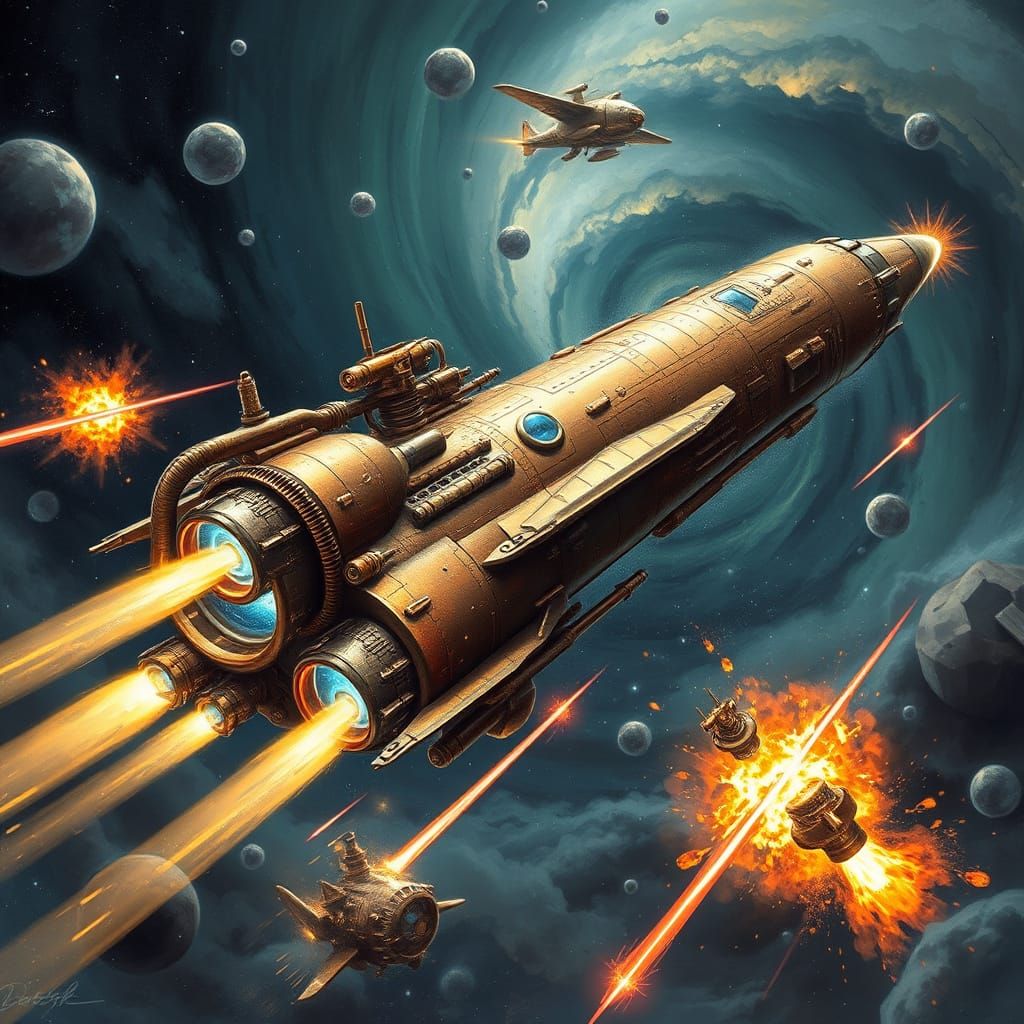 Vintage Steampunk Starship Engages in Intergalactic Space Ba...