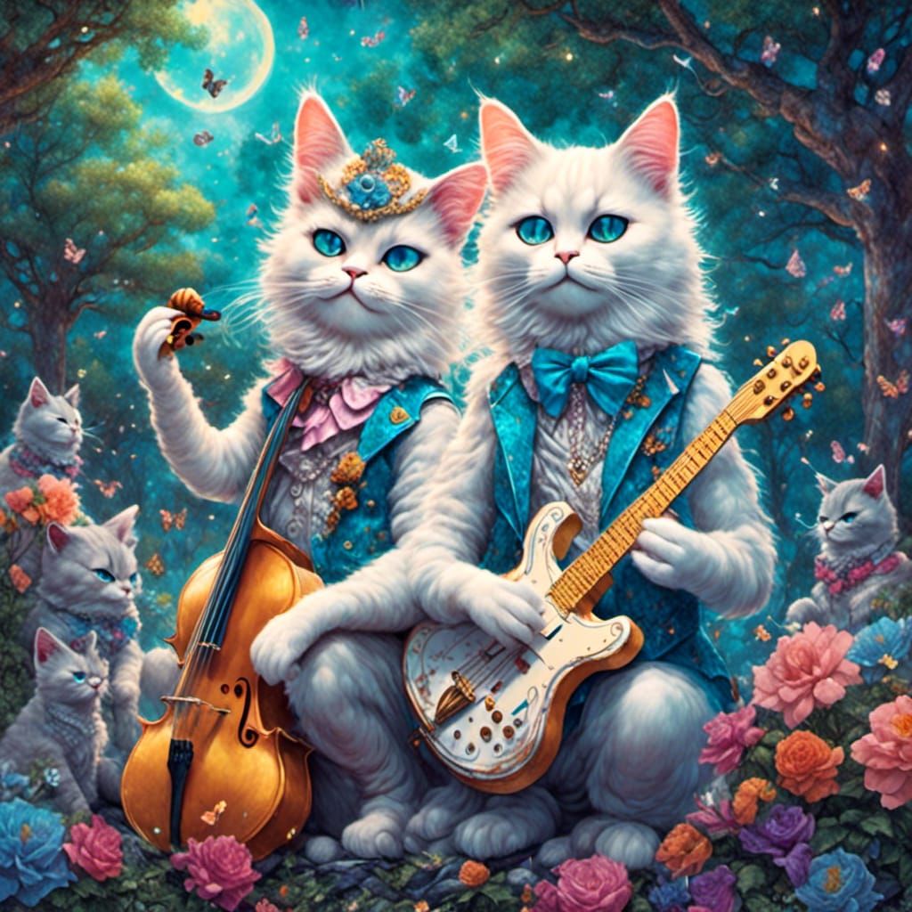 <lora:MyStyle - Cats:1.0> Cats play music instruments in the form of music notes in the park