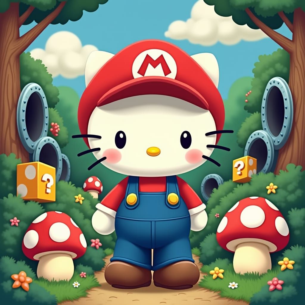 Hello Kitty as Super Mario in Ghibli Style
