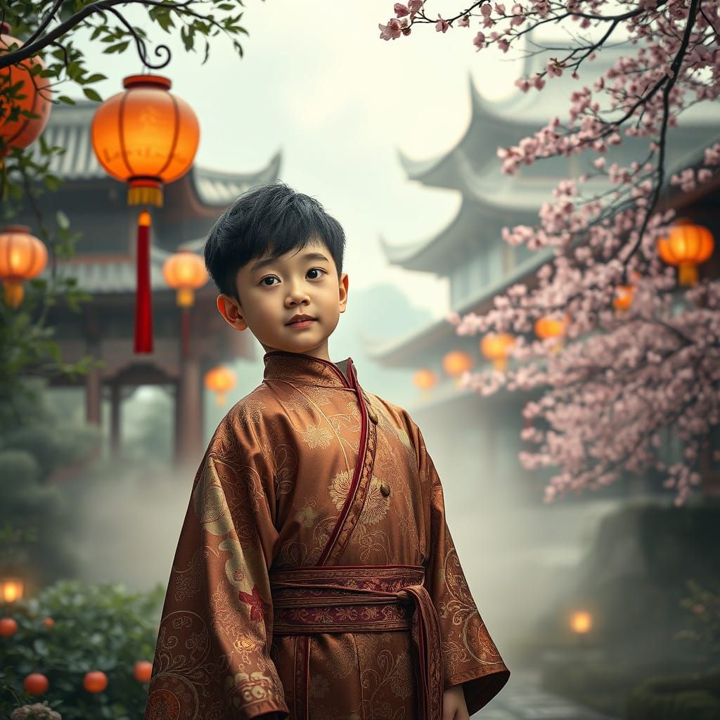 Surreal Young Boy in Traditional Chinese Kimono, Amidst Anci...