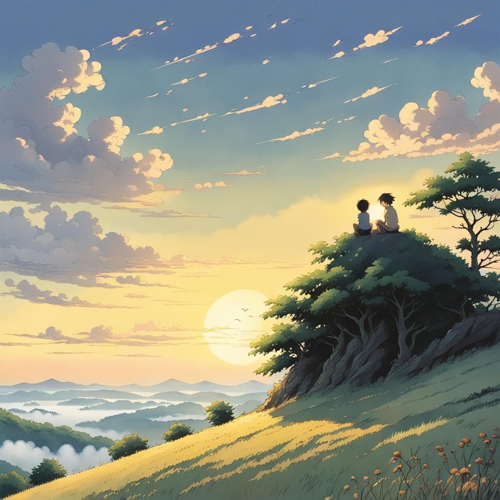 Romantic Sunset Scene in Anime Style
