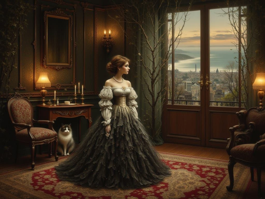 Society Cat Guards Mansion in 1846 Boston Oil Painting