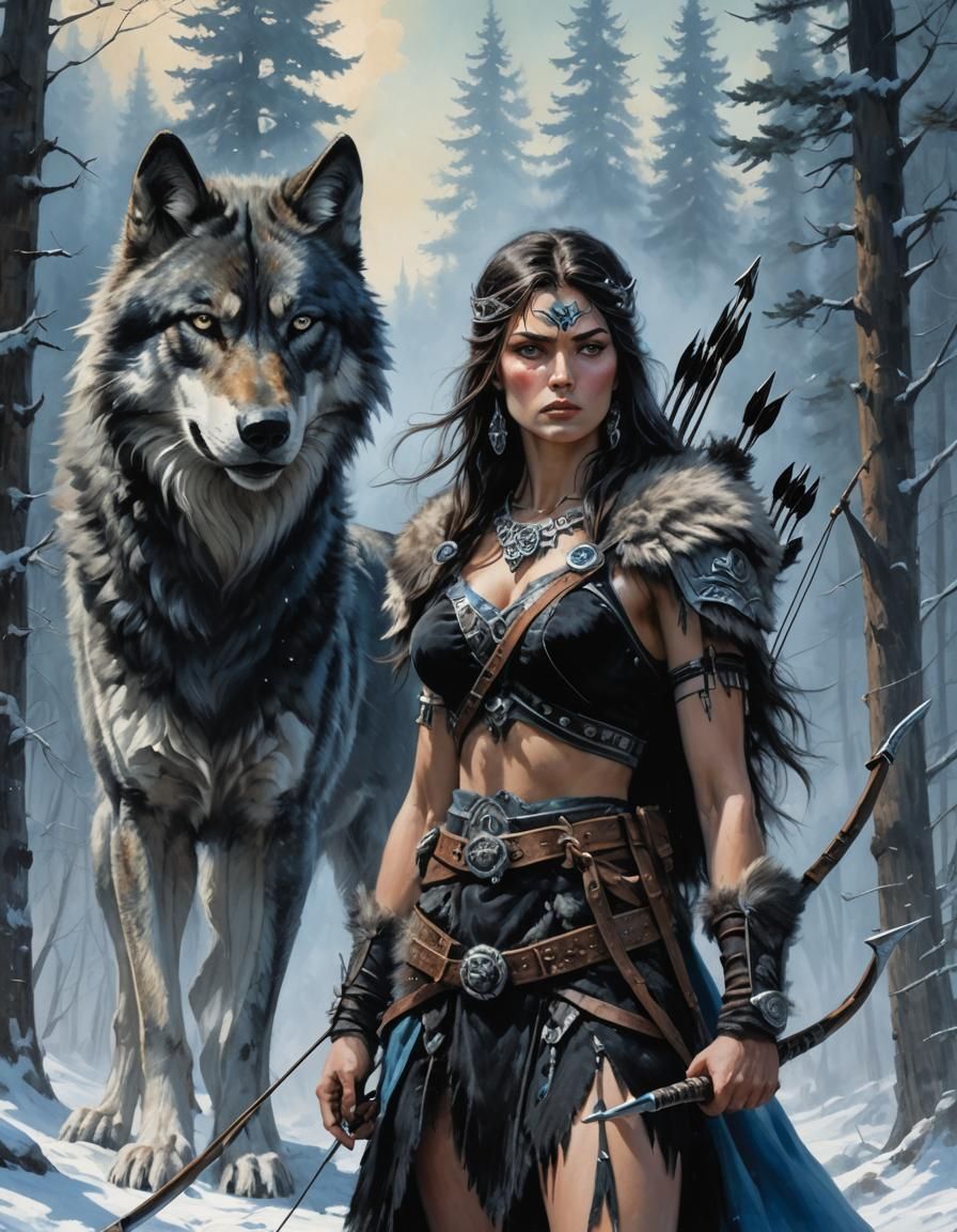 Warrior Woman and Wolf in Frazetta Style