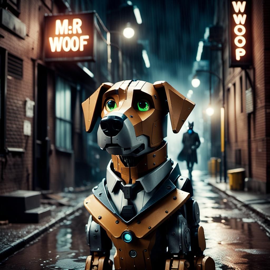 Robotic Dog Detective in Rainy Cityscape: Film Noir