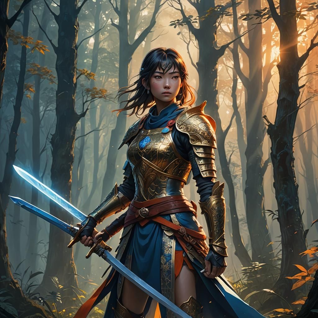 Mystical Forest Swordsman in Anime Style