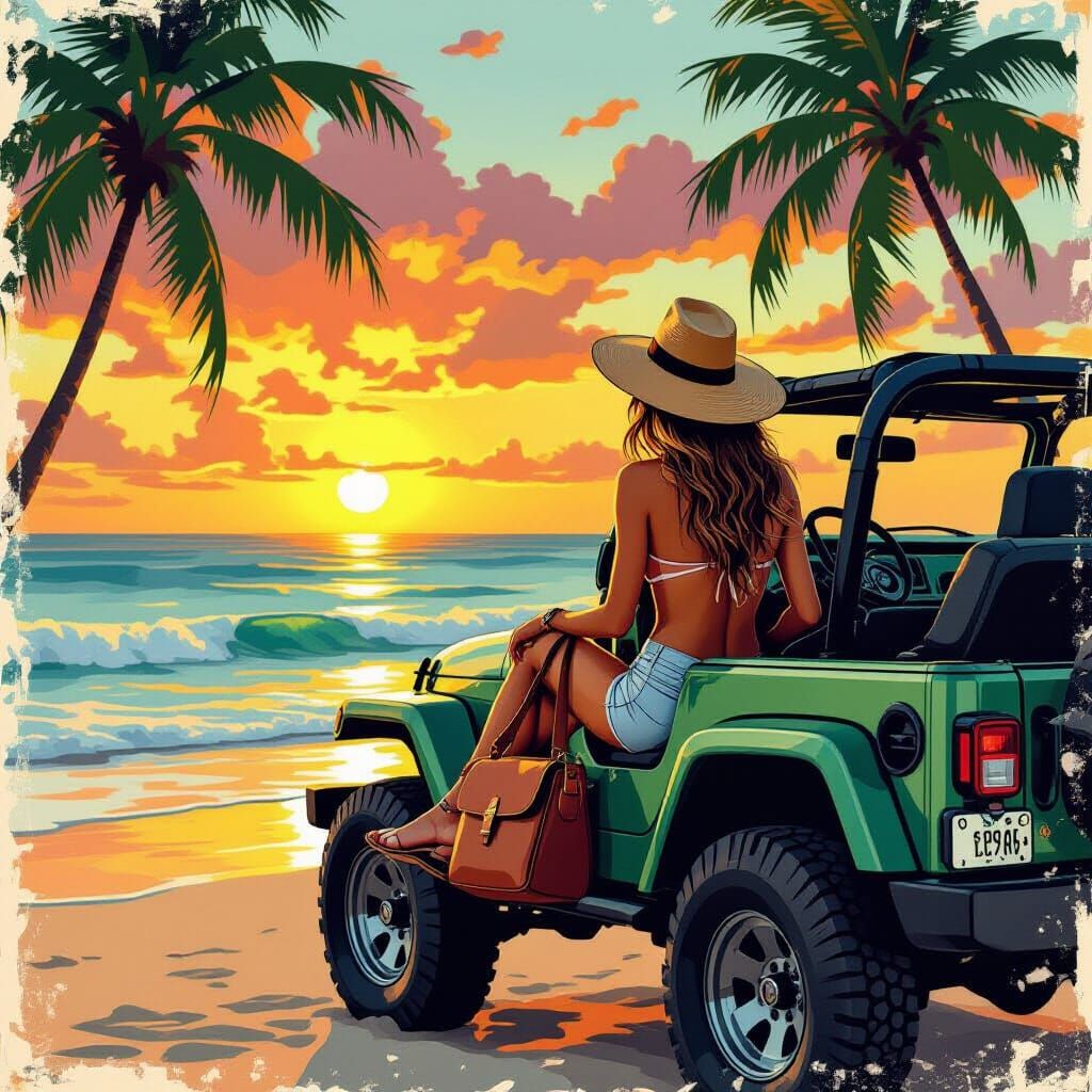 Woman on Jeep Watches Tropical Sunset in Digital Art