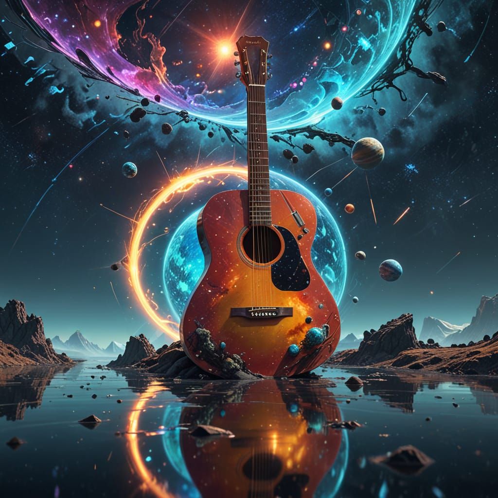 Surreal Cosmic Landscape with Floating Guitar and Galaxy