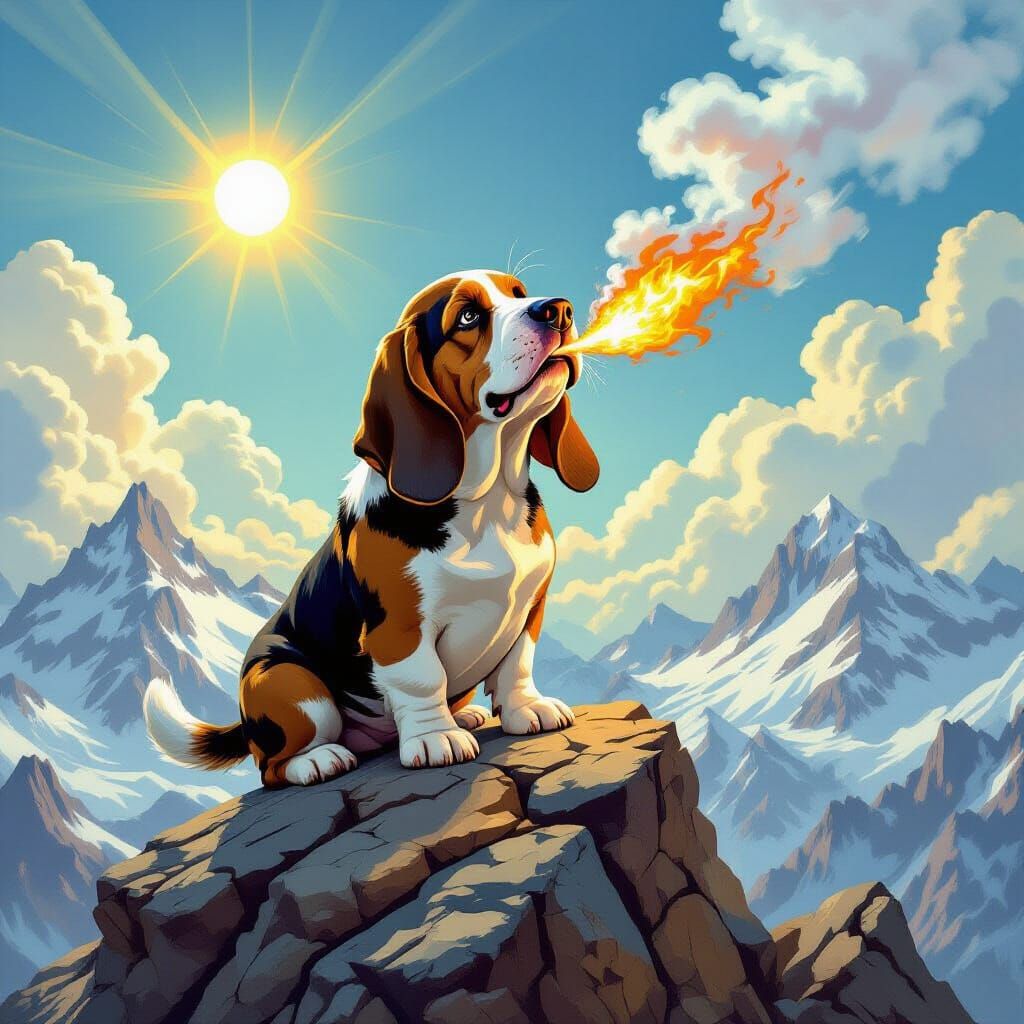 Basset Hound Dragon on Mountain Peak in Fantasy Style