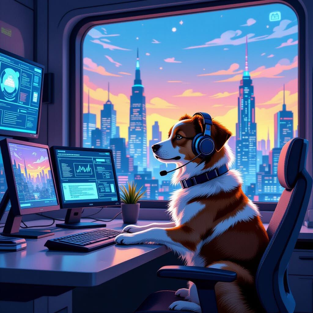 Dog in Virtual Classroom, Syd Mead Style