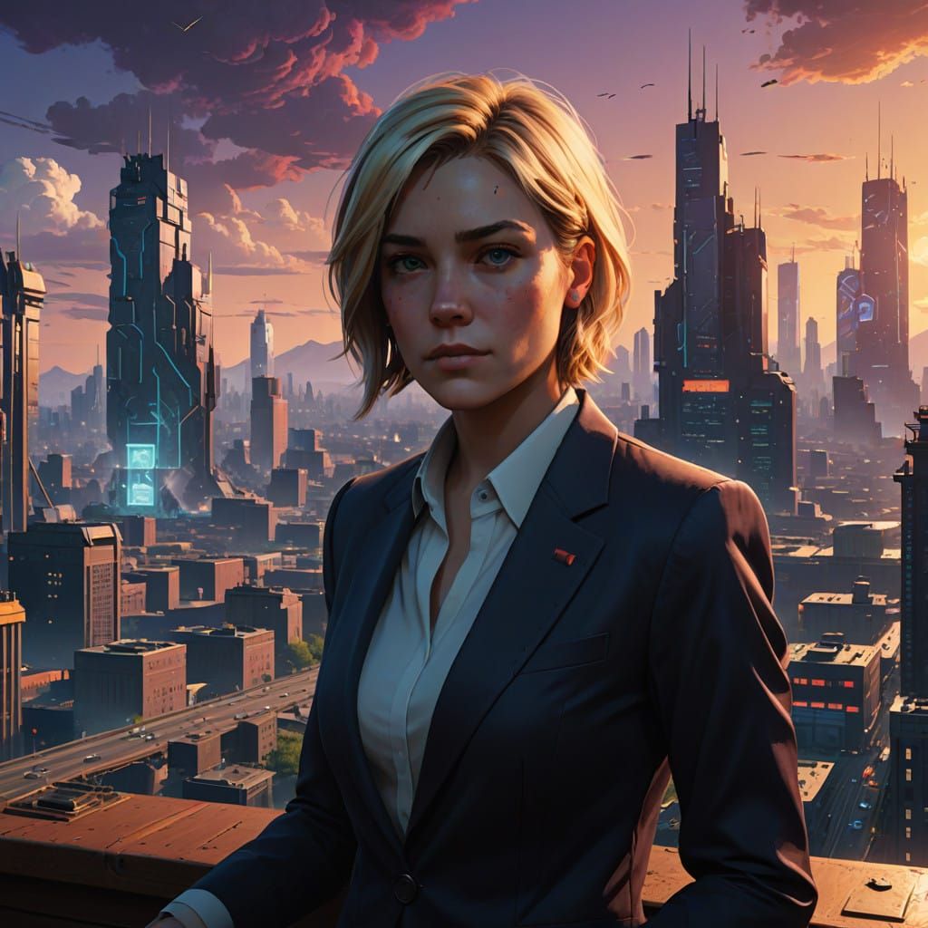 Confident Businesswoman Examines Enchanted Amber Cylinder