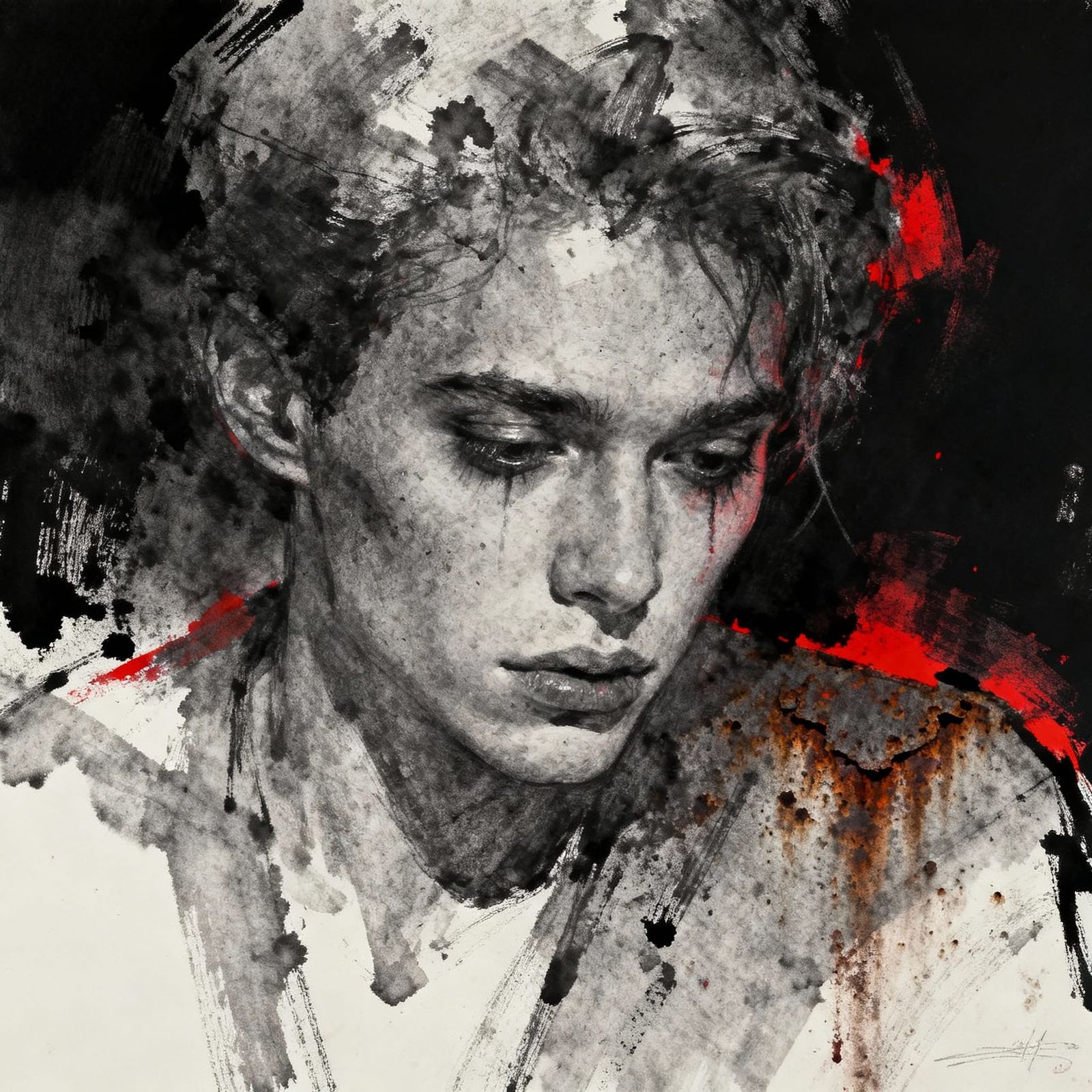 Edgy Ink Drawing with Red and Grey Tones