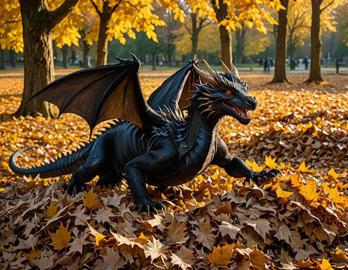 Playful Black Dragon Cub in Autumn Leaves