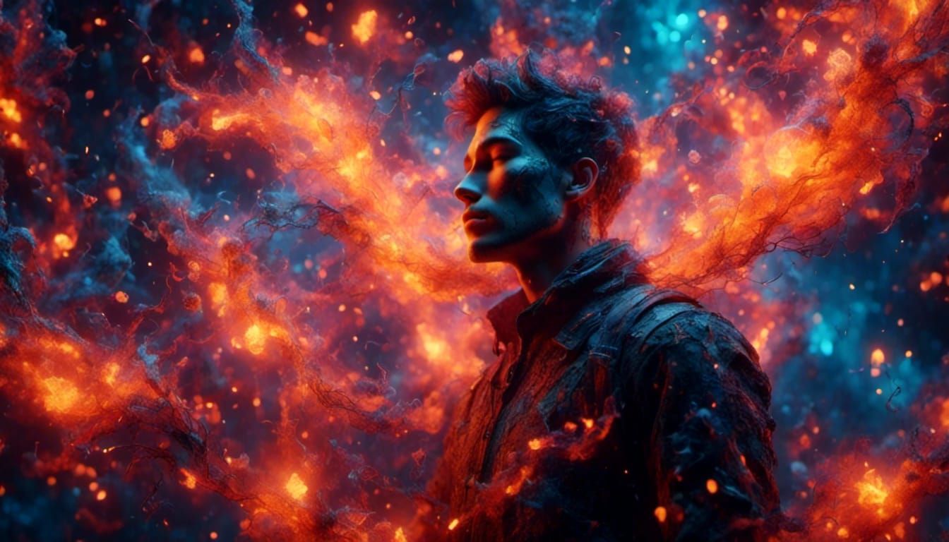 Man Surrounded by Neon Smoke Aura in Space