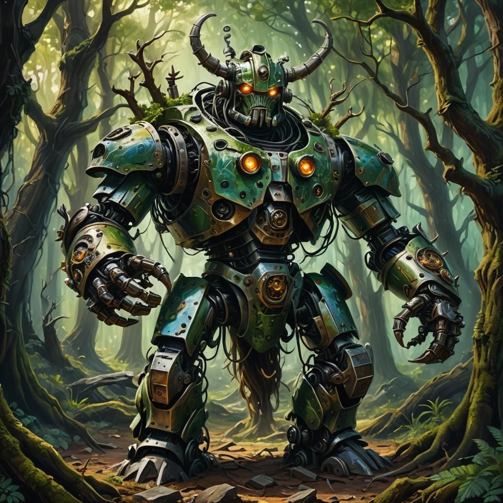 Medieval Barbarian Robot in Fantasy Forest