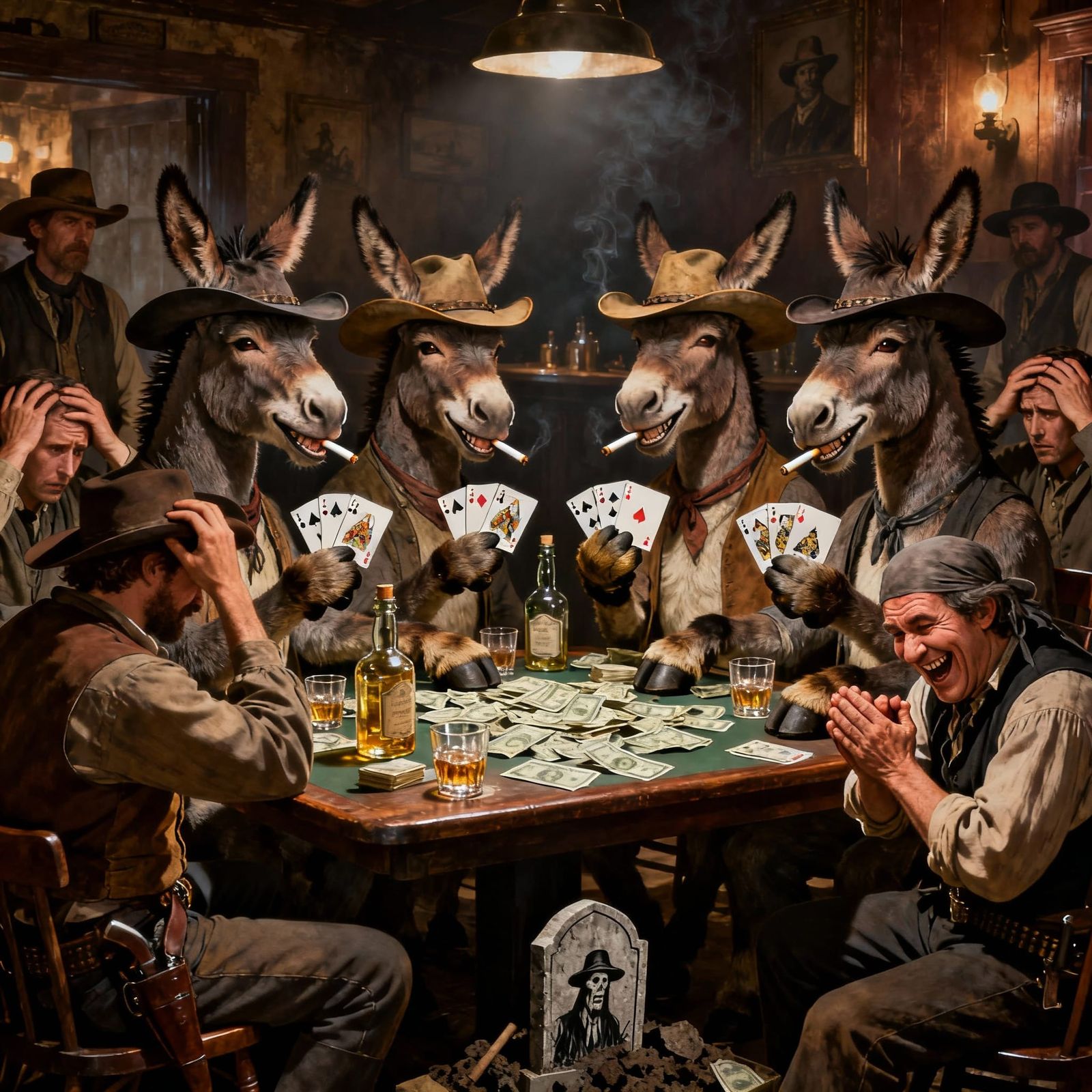 Cowboy Donkeys Play Poker in Wild West Saloon