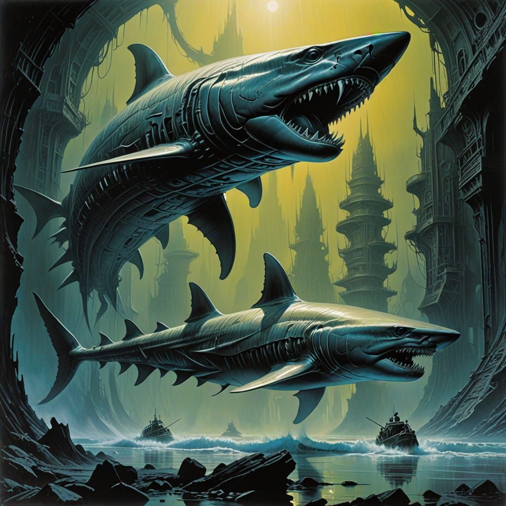 Surreal Alien Shark-Creature in Neon Armor