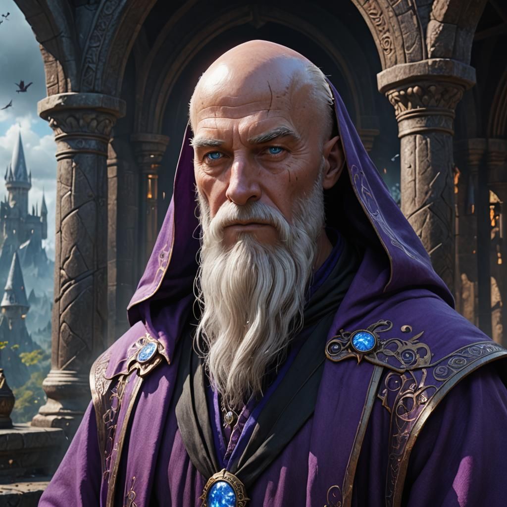 Older human male force wizard. Bald head with long white beard. Blue eyes. Wears purple wizard robes.