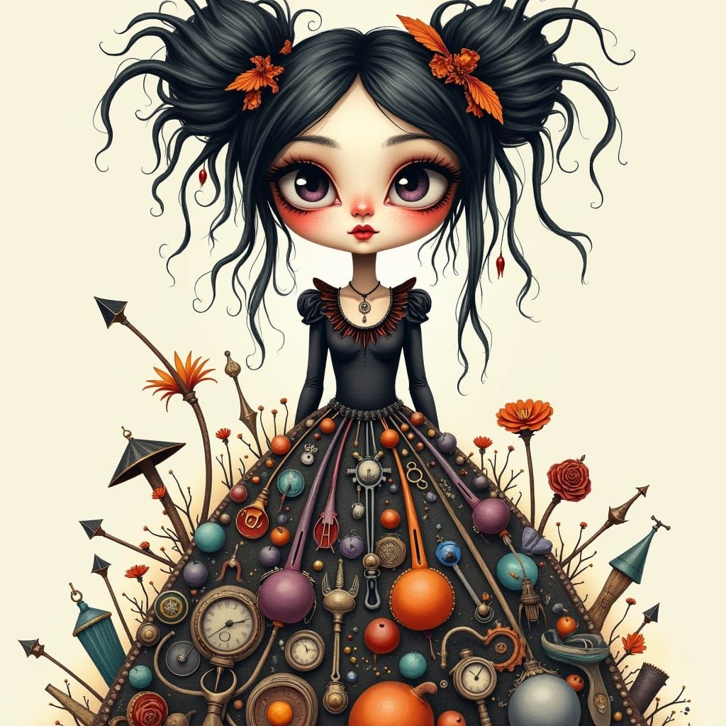 Goth Woman in Tchotchke Dress, Watercolor Style