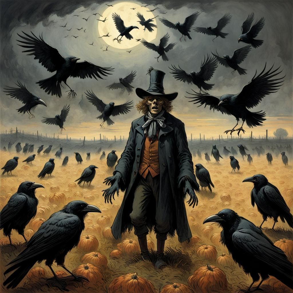 Giant Crows and Scarecrow: Gothic Horror Scene