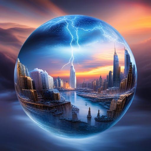 Futuristic Ice City Reflected in Orb with Lightning