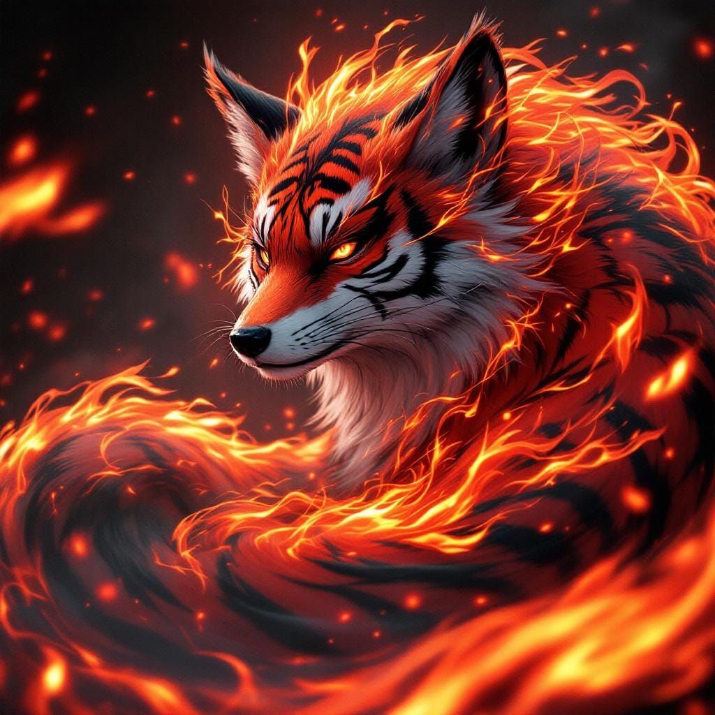 Fox with Tiger Stripes in Fiery Anime Art