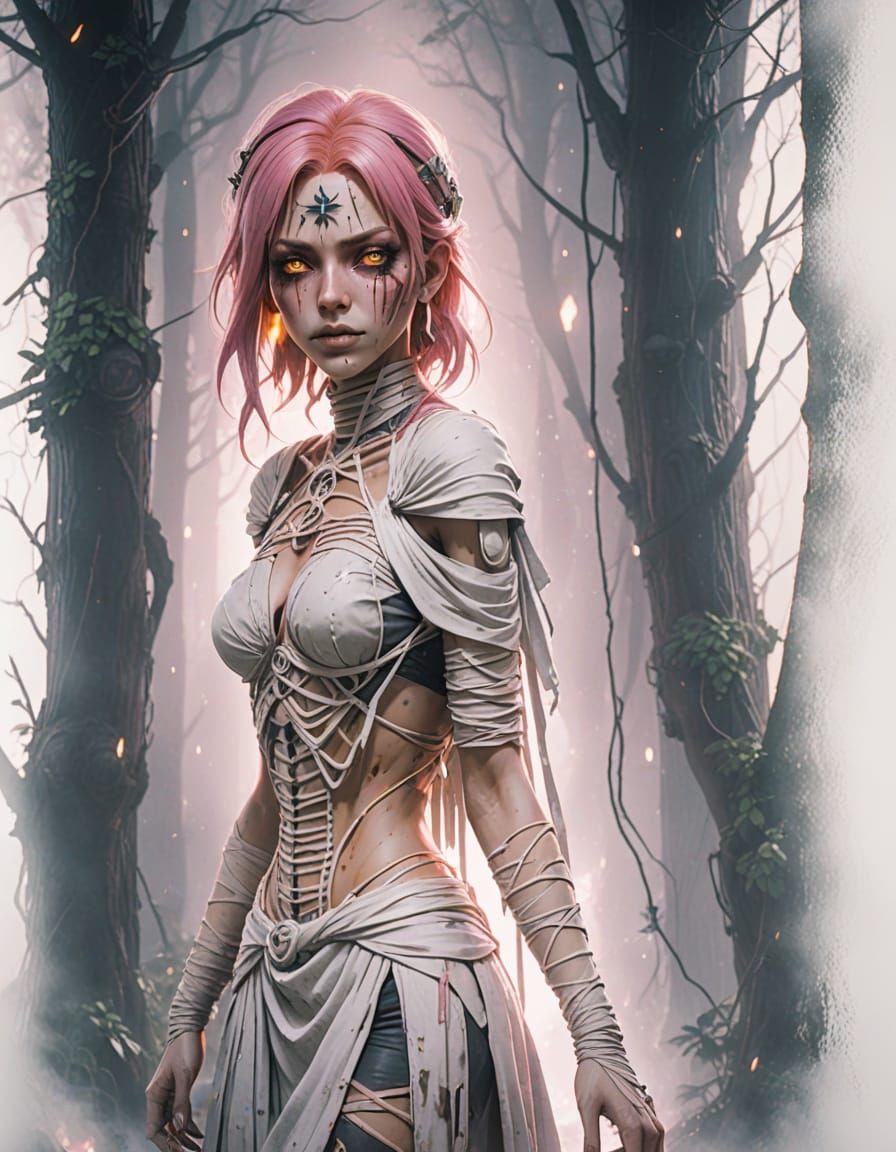 Mummified Witch Girl in Dark Fantasy Anime Style