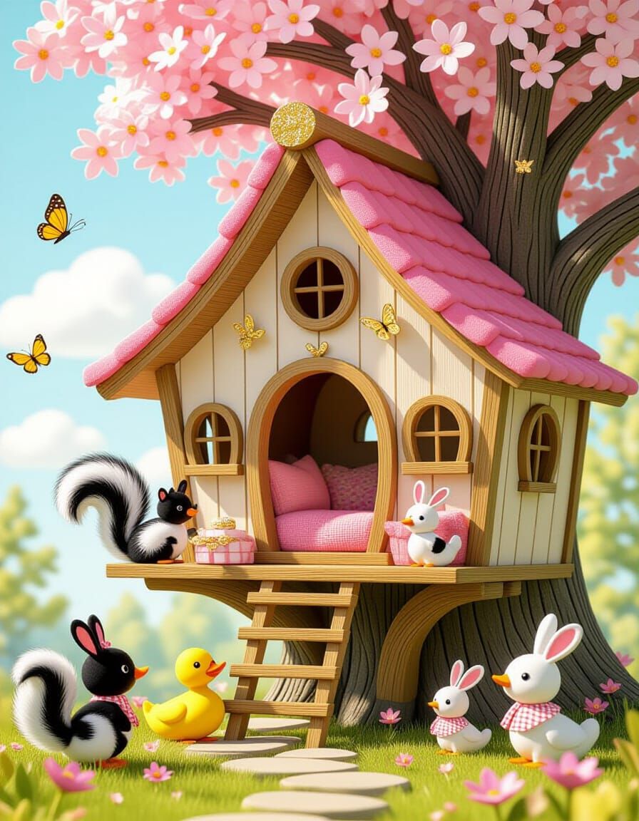 Whimsical Treehouse with Skunk Motifs in 3D Style