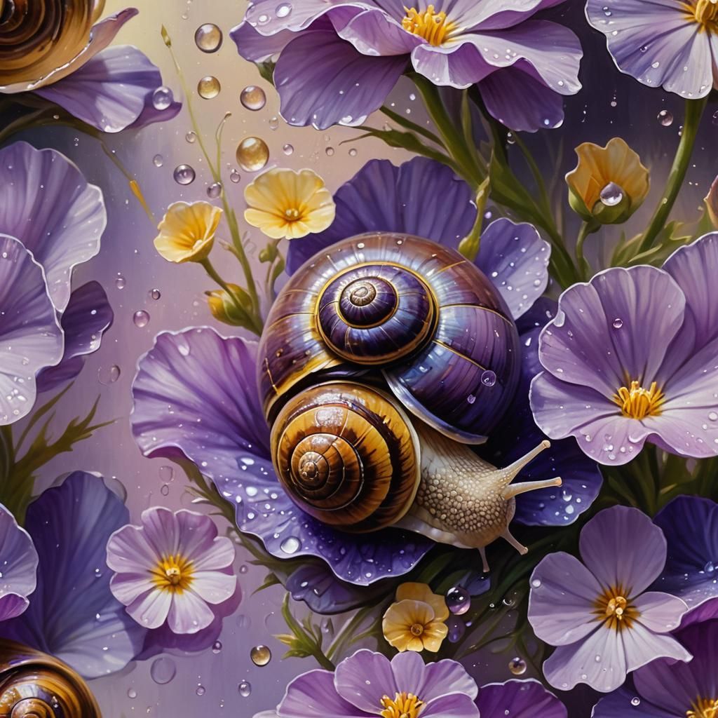 Snail on Violet Flower: Impressionistic Oil Painting
