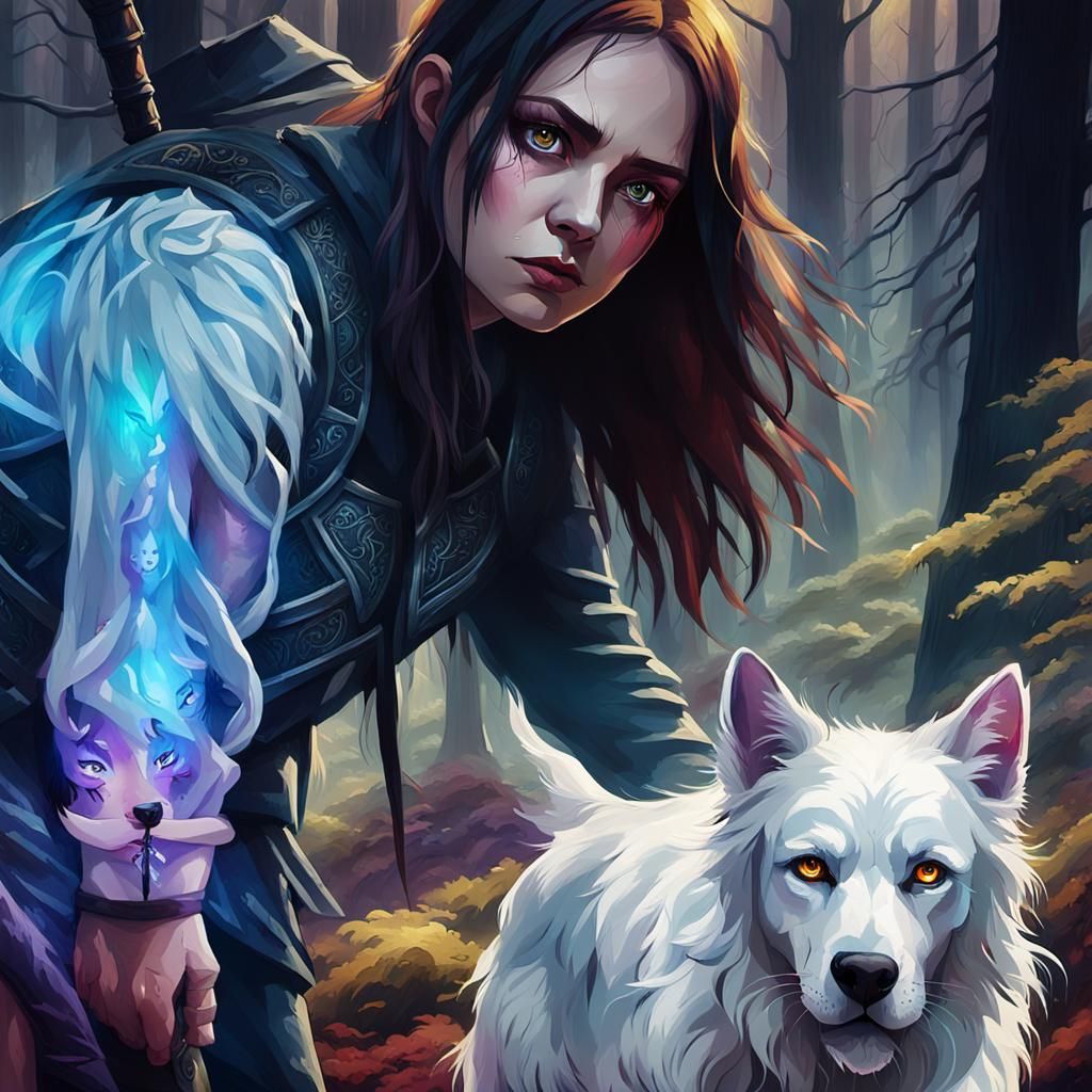 Gothic Warrior Woman with White Companion in Mystical Forest