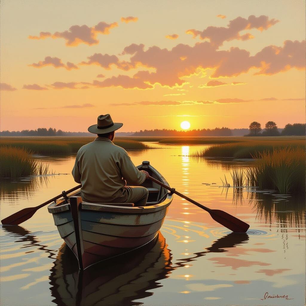 Man Rows Boat Through Marsh at Sunset