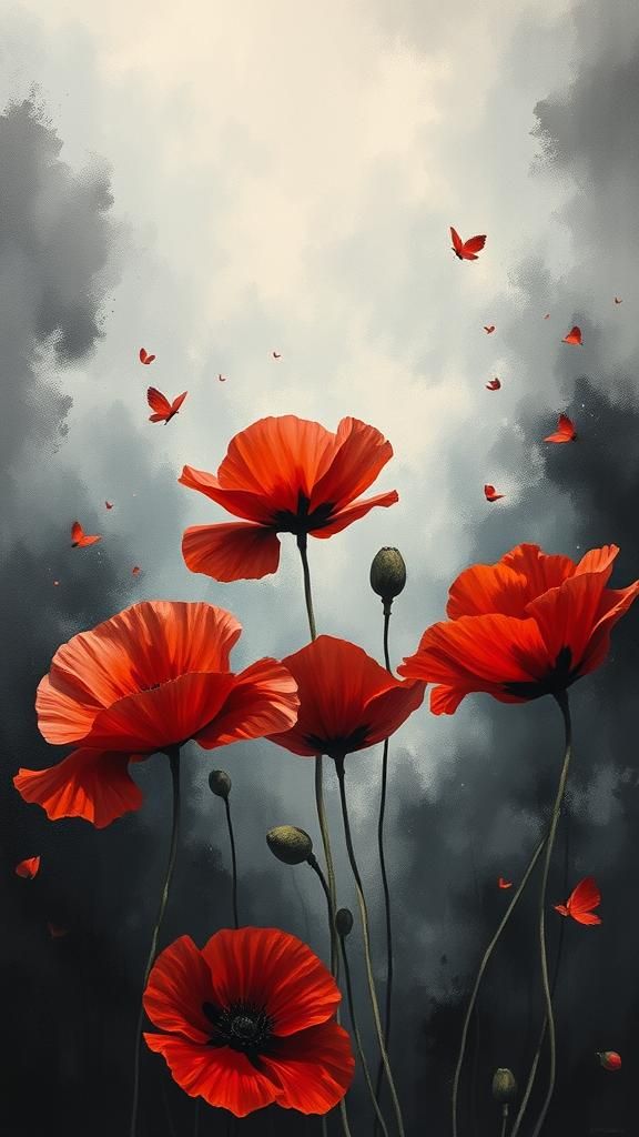 Red Poppies Bloom in Abstract Monochrome Universe