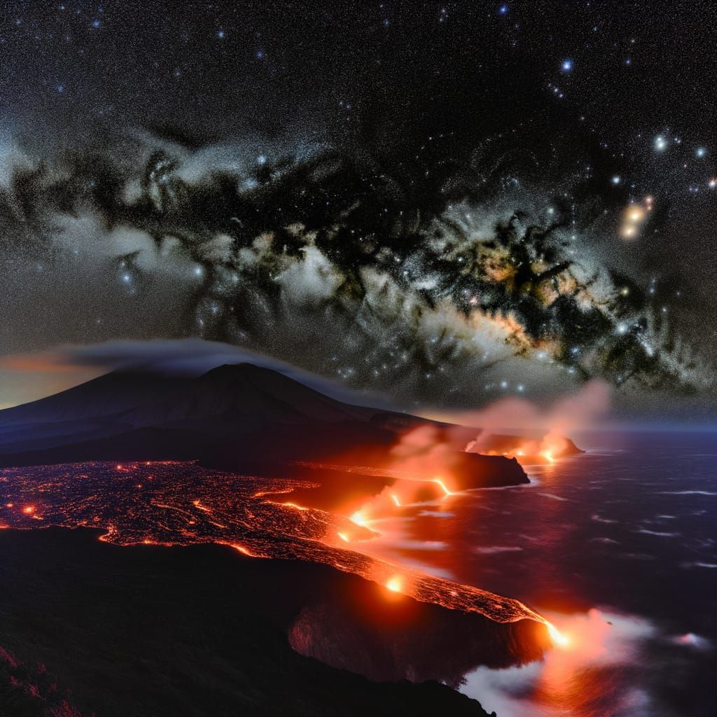 Hawaiian Volcano at Night: Lava Flowing to Sea